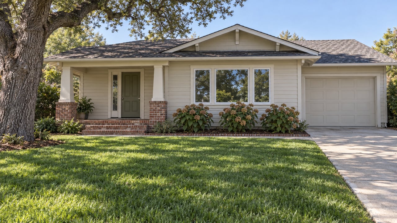 A well-kept ivory-sided single-story home with a brick porch, deep green front lawn and mature oak in clear daylight.