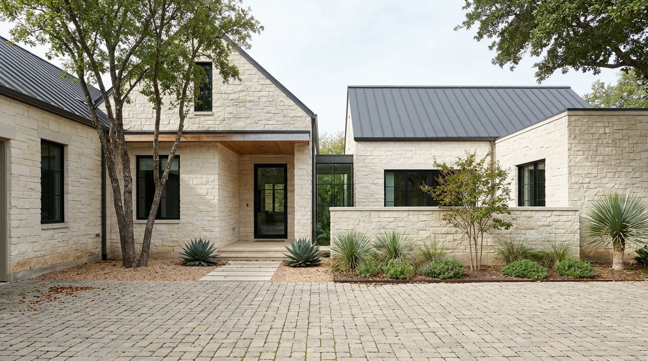 Two-wing limestone house with intersecting charcoal roofs, a glass connector, and a planted stone courtyard.