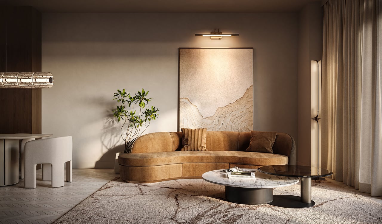 Luxury condo living room with a curved tan sofa, marble coffee table, and abstract wall art.