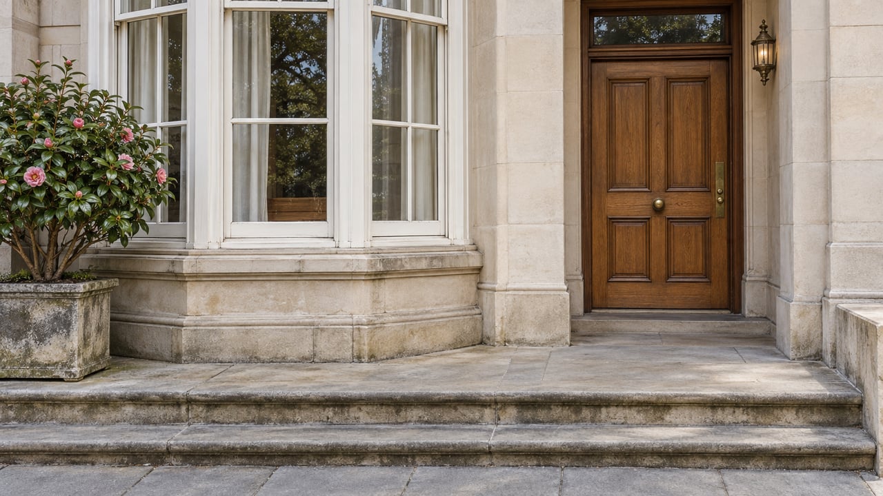 A warm oak door beside a white timber bay window, above worn sandstone steps and a stone planter holding a camellia.