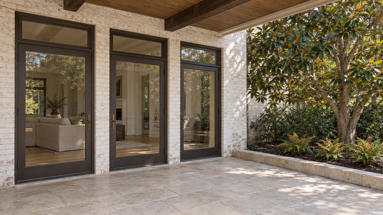 Warm-white brick home with tall bronze-framed glass doors, a limestone terrace and a mature magnolia beside a planted stone border.