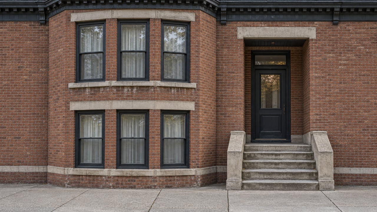 Red-brown brick residential facade with stacked bay windows, a recessed dark door, and worn limestone entry steps.