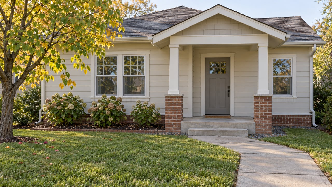 Compact off-white home with a covered brick-based porch, pitched roof, front lawn and an autumn redbud tree.
