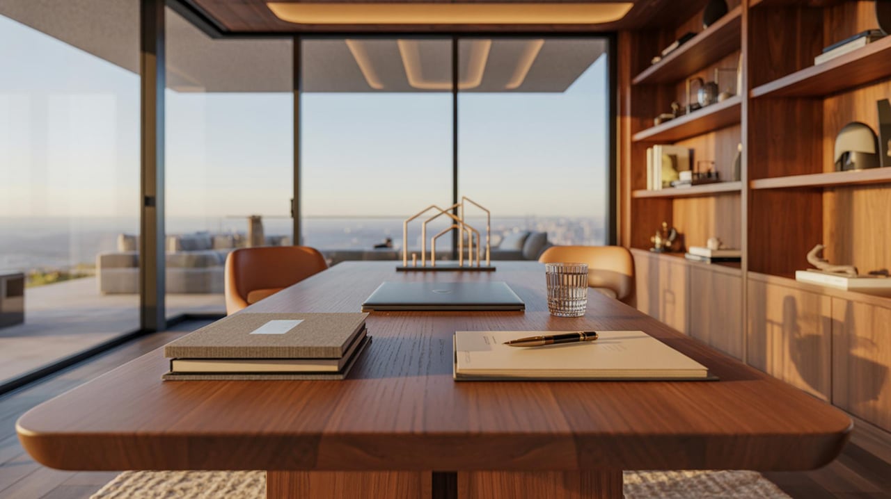 Walnut conference table with stacked books, a notebook, and glassware faces floor-to-ceiling windows and ocean views.