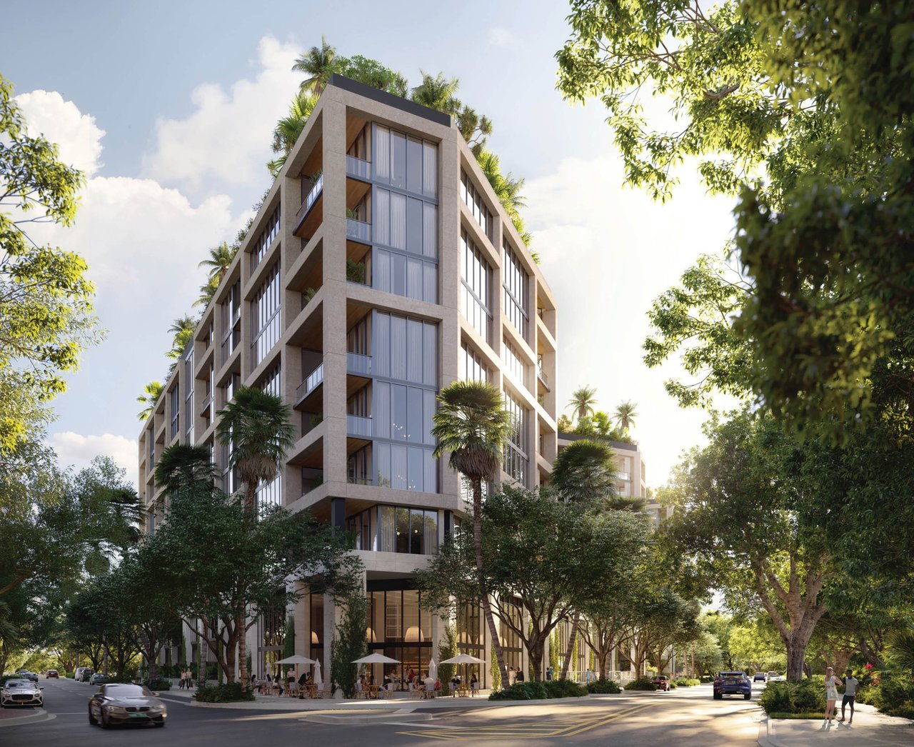 Architectural rendering of The Well, a modern mid-rise residential building amid palm-lined streets.