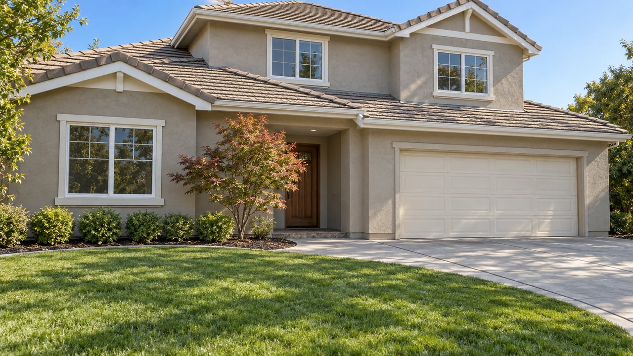 Sunlit two-story greige stucco home with tiled roofs, a broad front lawn, curved concrete walk and Japanese maple beside its recessed entry.
