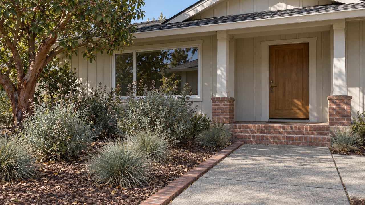 An ivory-sided single-story home with a brick porch, concrete approach and carefully spaced drought-tolerant garden.