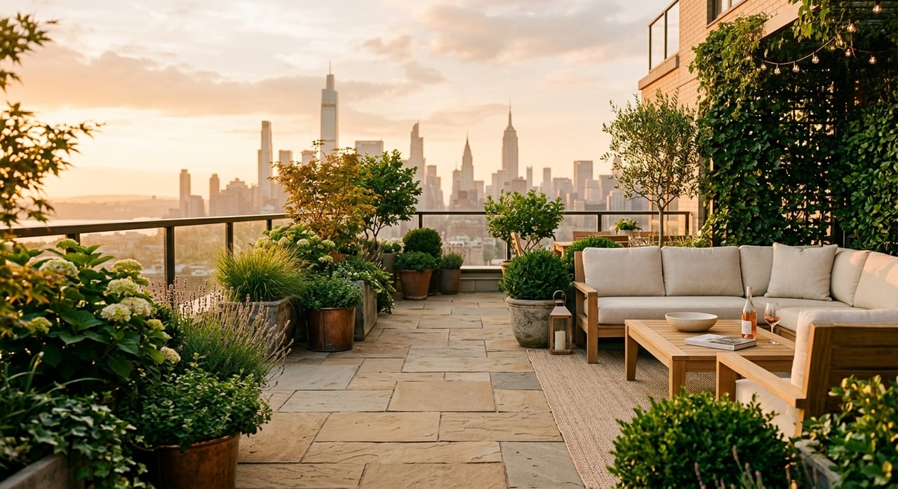 Rooftop terrace with potted greenery, outdoor seating, and a New York City skyline view at sunset.