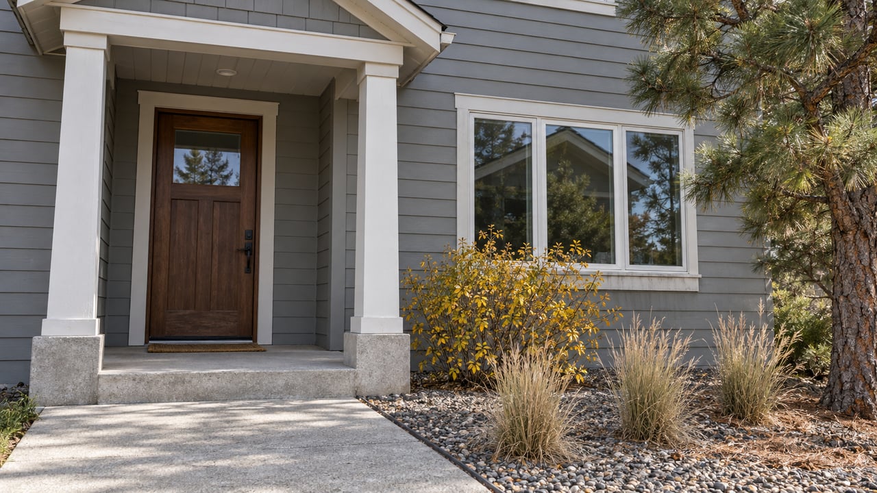 A covered entry on a gray lap-sided home, with a wood door, white-trimmed window, concrete walk, and a gravel bed planted with ponderosa pine and dry blue grama.