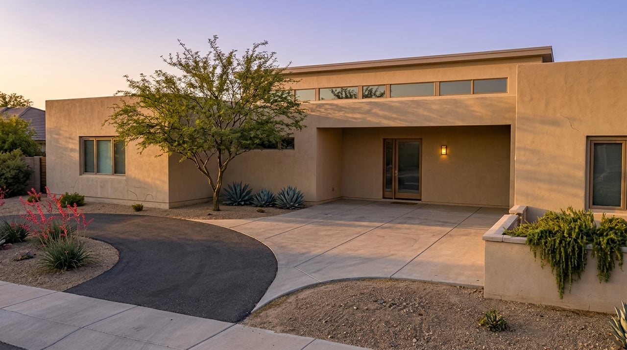 Desert-contemporary stucco home with a curving driveway, sculptural mesquite, agaves, and a warmly lit recessed entry at dusk.