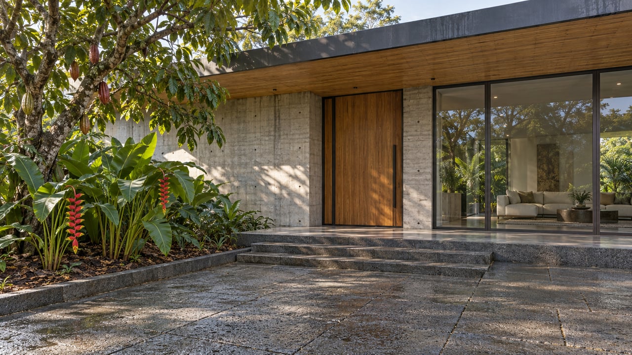 Modern tropical villa entrance with a deep bamboo soffit, teak door, volcanic-stone approach and cacao tree beside flowering heliconias.