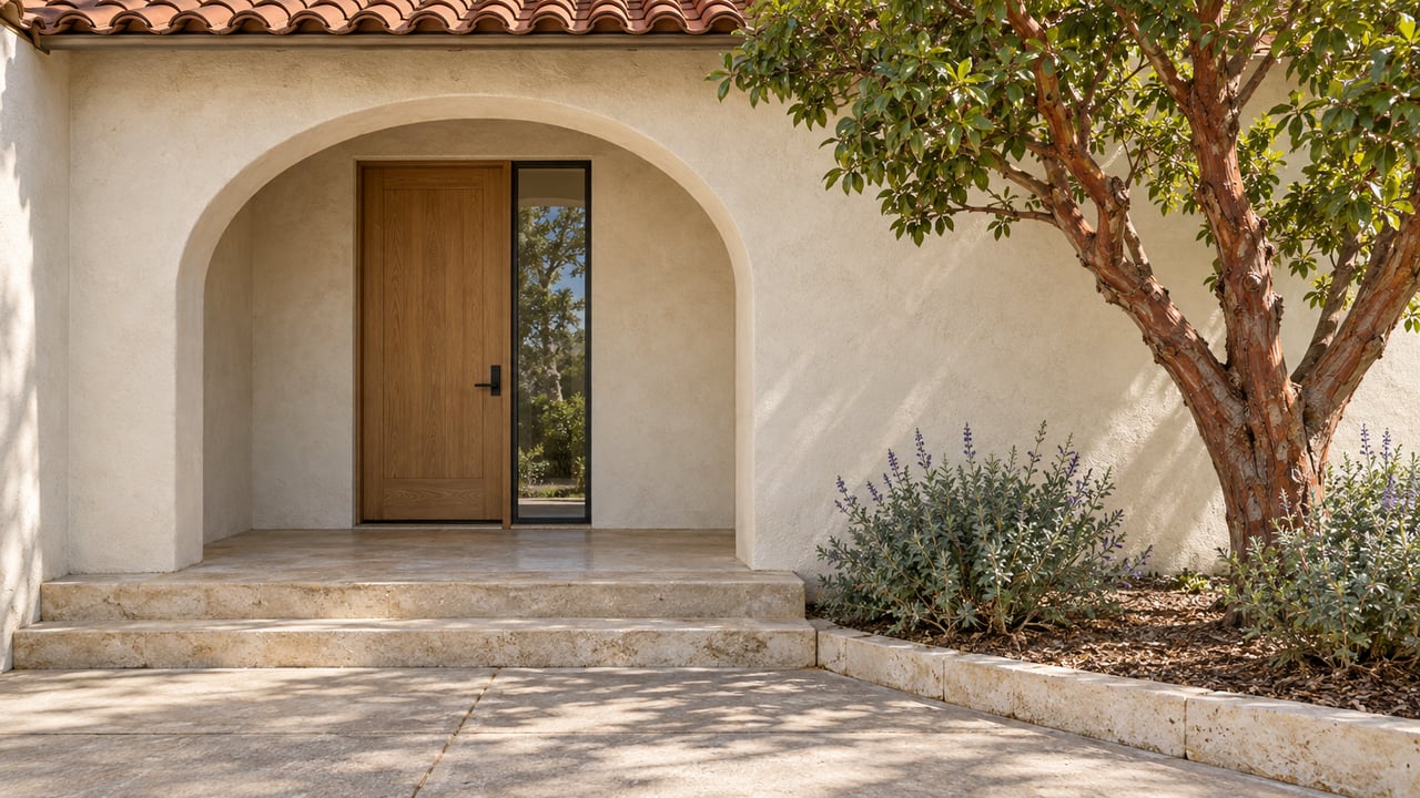 Sunlit stucco arch framing an oak front door and glass sidelight, with limestone steps and a peeling-bark specimen tree beside the approach.