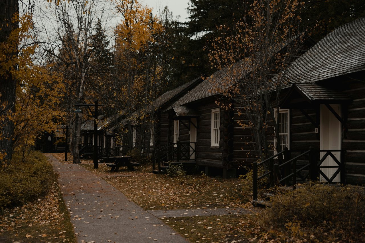 Rustic log cabins line a leaf-covered path beneath autumn trees.