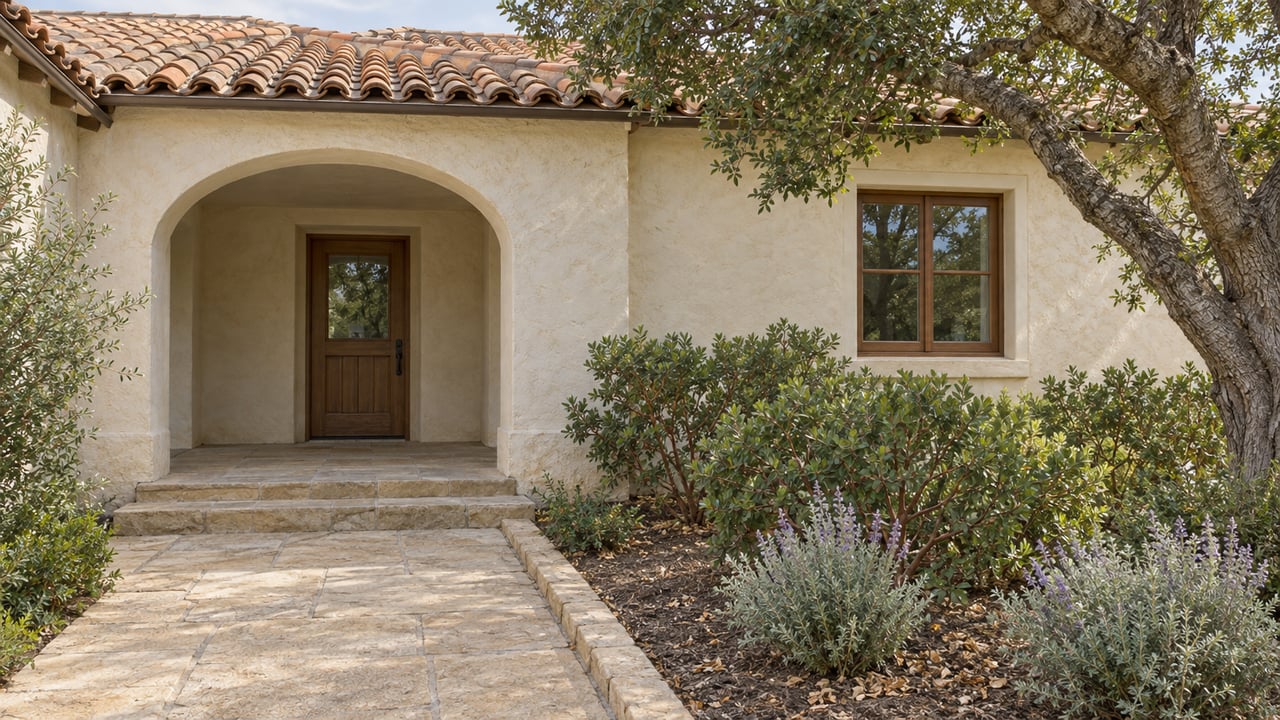 Weathered ivory stucco home with a clay tile roof, arched covered entry, stone garden walk, and mature oak.