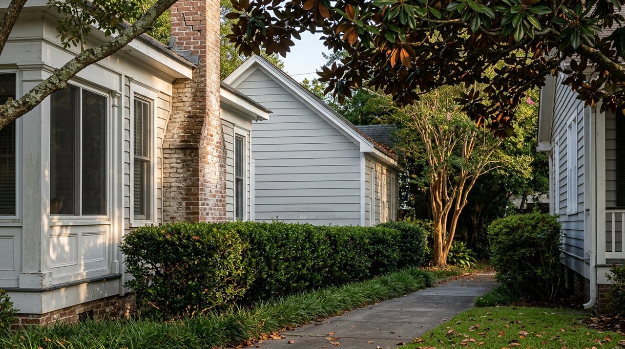 Paved lane between close-set houses, edged by a clipped yaupon hedge beneath magnolia and oak canopy.