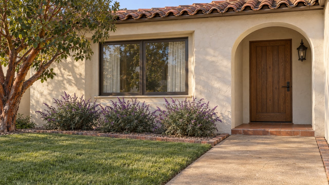 Cream stucco home with a clay tile roof, recessed oak entry door, and a garden-lined walkway in afternoon light.