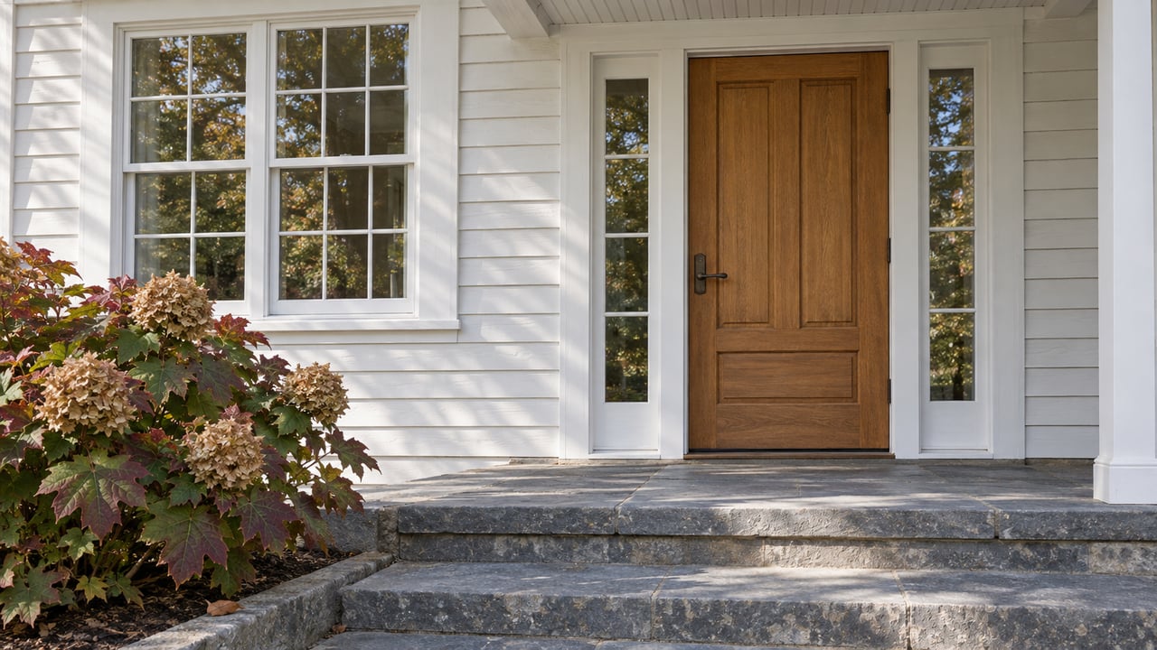 A warm oak front door with glazed sidelights, white clapboards, and blue-gray stone steps beside an oakleaf hydrangea.