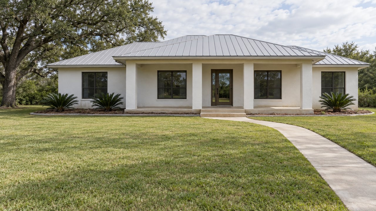 A low white stucco home with a pale metal roof and shaded front porch sits beyond a broad lawn beside a mature live oak.