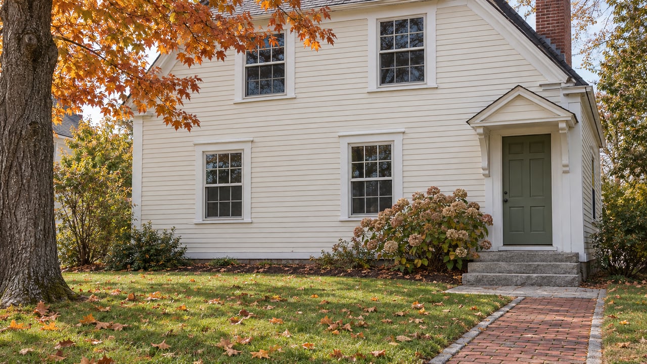 Ivory clapboard home with a green front door, worn granite steps and brick walk beside an orange-leaved sugar maple.