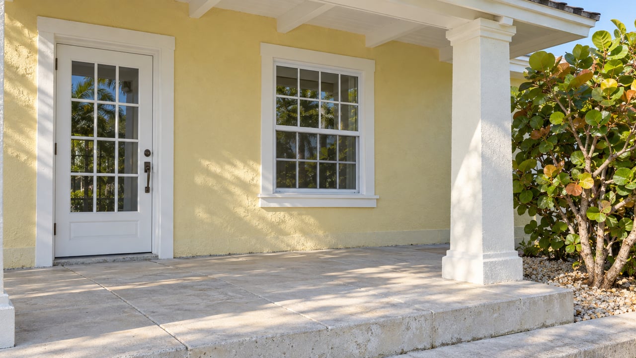Pale-yellow home's shaded porch with white gridded door and window, concrete pavers and a sea grape specimen beside a square column.