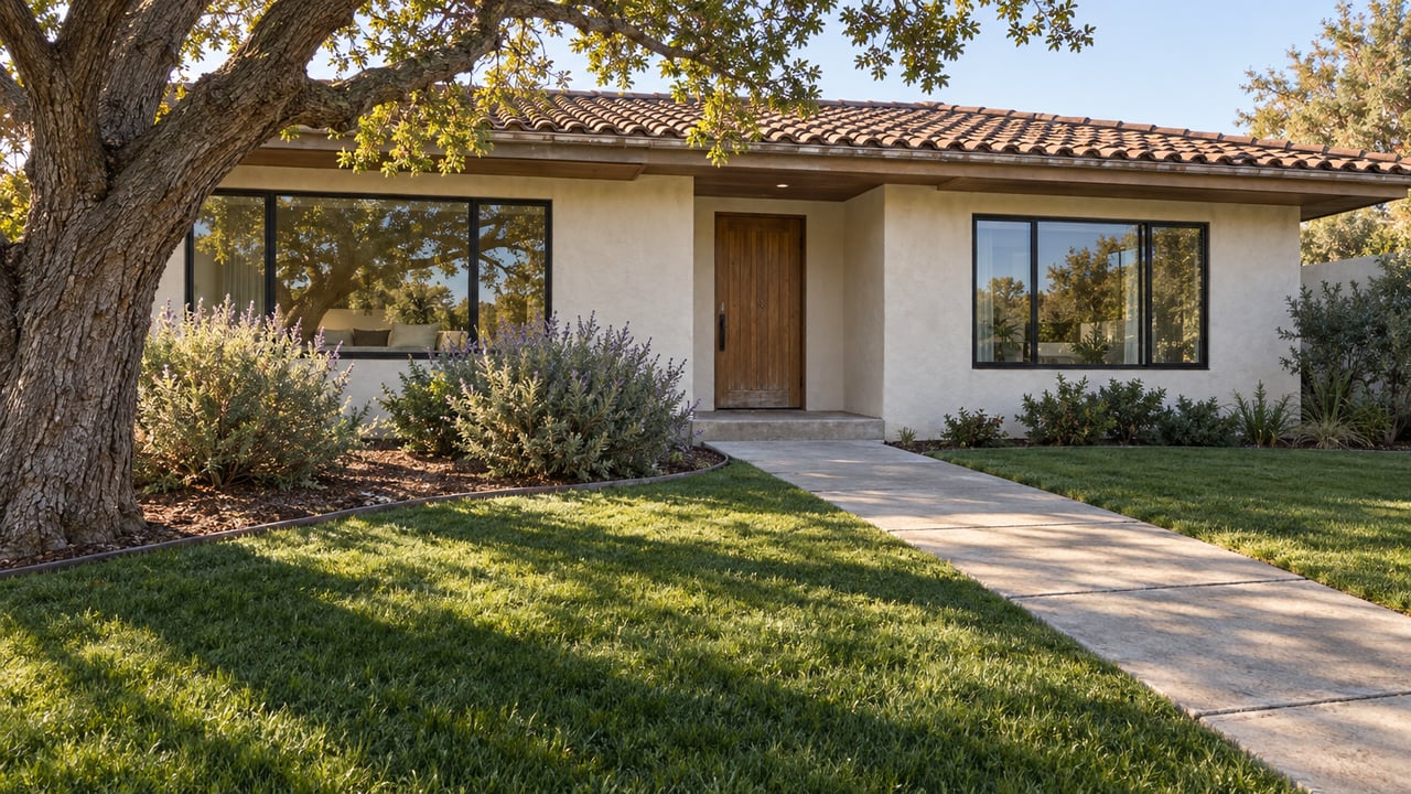 A single-story white stucco home with a clay tile roof, oak entry door and deep lawn beneath a mature branching oak.