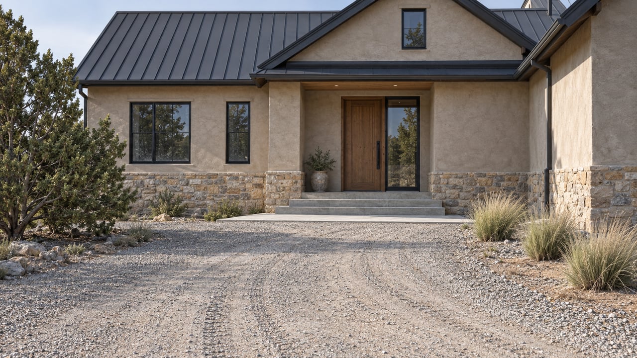 A taupe stucco acreage home with a charcoal gabled roof, oak entry, concrete steps, and a broad gravel approach.
