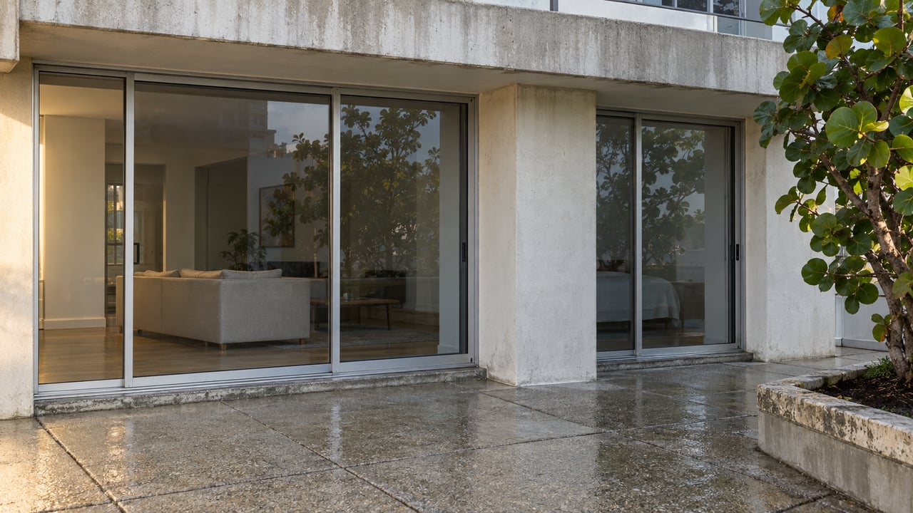Older condominium terrace with weathered off-white concrete, aluminum sliding-glass doors, exposed-aggregate paving and one sea grape tree in a raised bed.