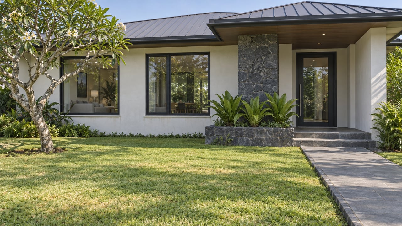 Sunlit white home with dark-framed windows, a basalt entry walk, front lawn and a flowering plumeria tree.