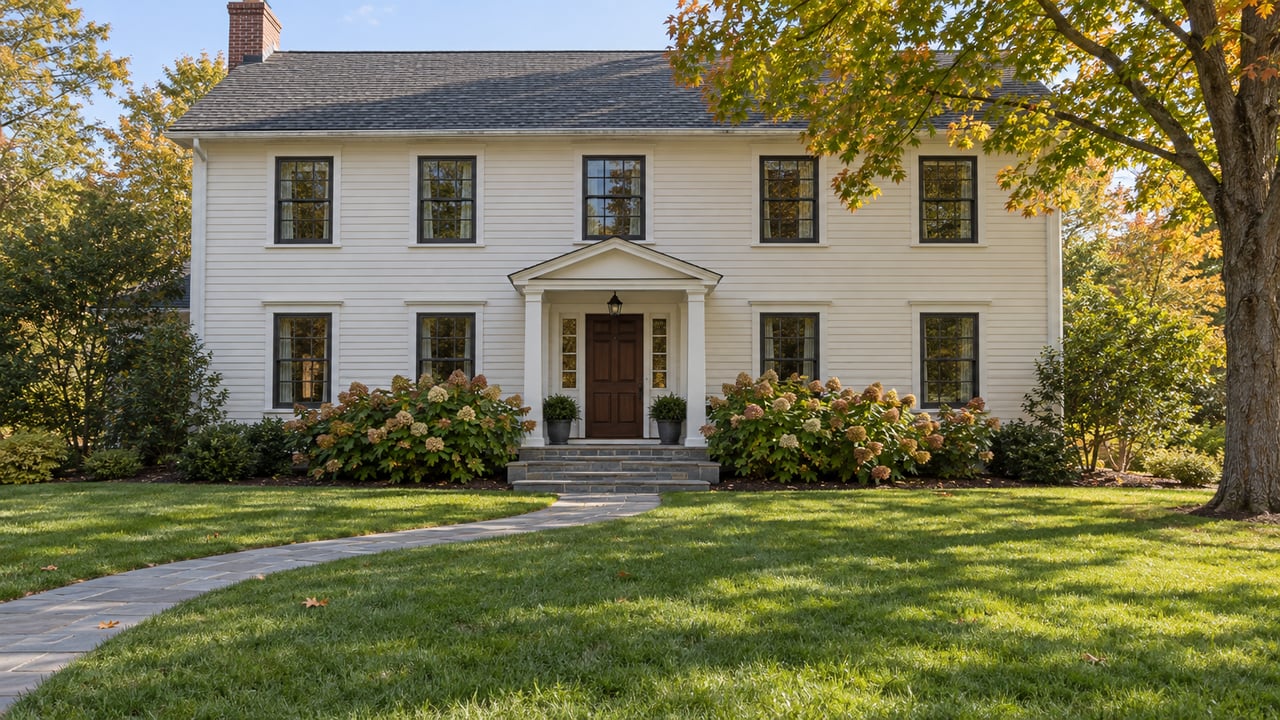 Cream clapboard home with symmetrical dark-framed windows, a bluestone entry walk and a deep lawn beneath a mature maple.