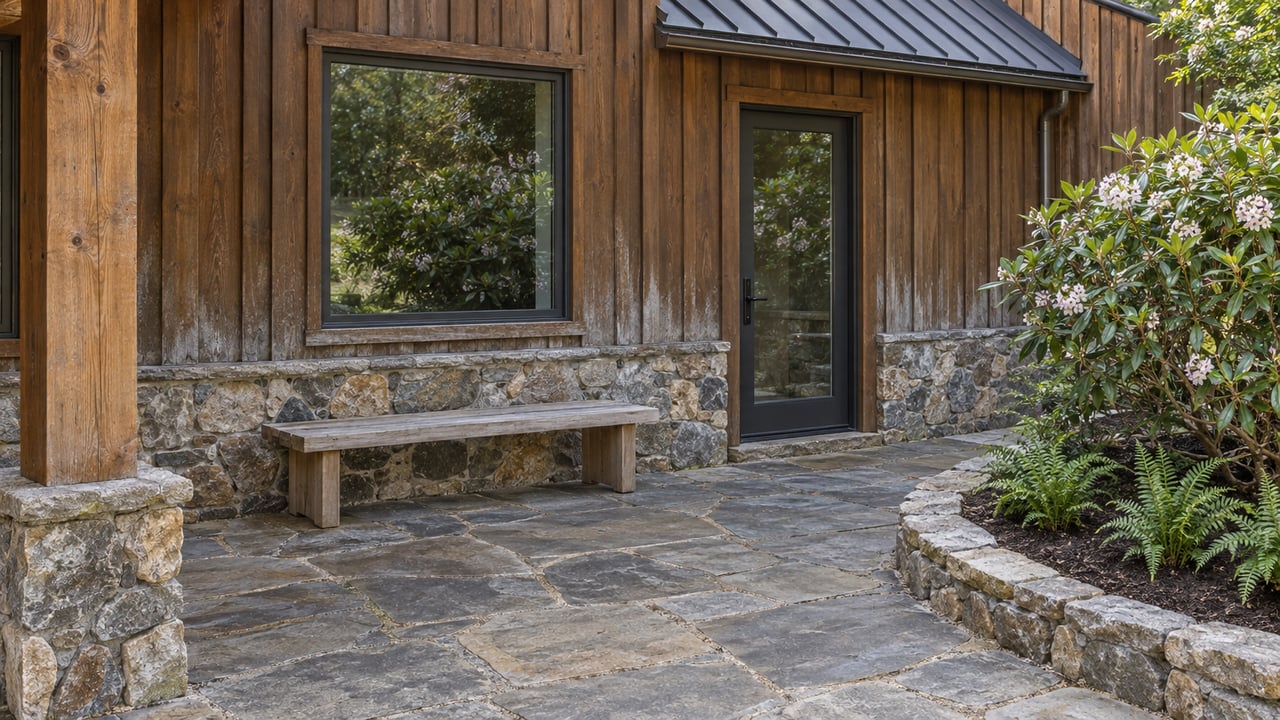 Elevated view of a cedar-clad home with dark-framed glazing, a teak bench, and a flagstone terrace bordered by mountain laurel and Christmas ferns.