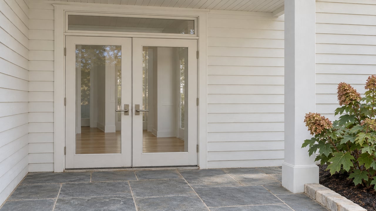 Paired glass entry doors beneath a painted porch roof, with gray-blue stone paving and an oakleaf hydrangea beside a brick-edged bed.
