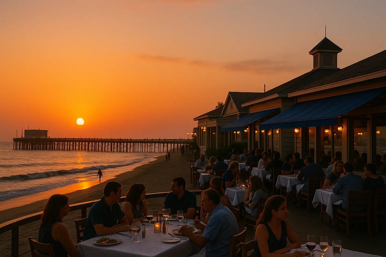 Beachfront restaurant at sunset beside Balboa Pier in Newport Beach, with diners enjoying outdoor tables as the sun sets over the Pacific Ocean.
