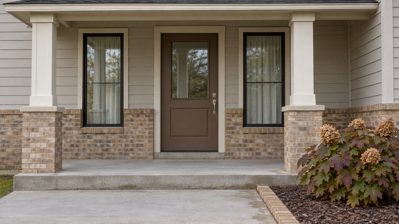 Covered brick-and-siding home entry with dark-framed windows, a concrete approach and an oakleaf hydrangea.