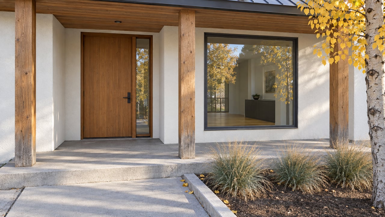 Autumn light across a wood-fronted covered entry, concrete steps and golden aspen leaves beside a glazed window.