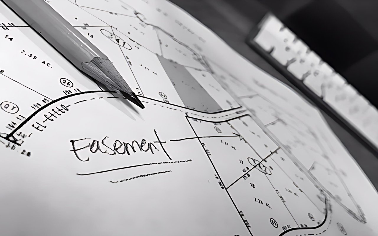 Land parcel map marked “Easement,” with property boundaries and a pencil.