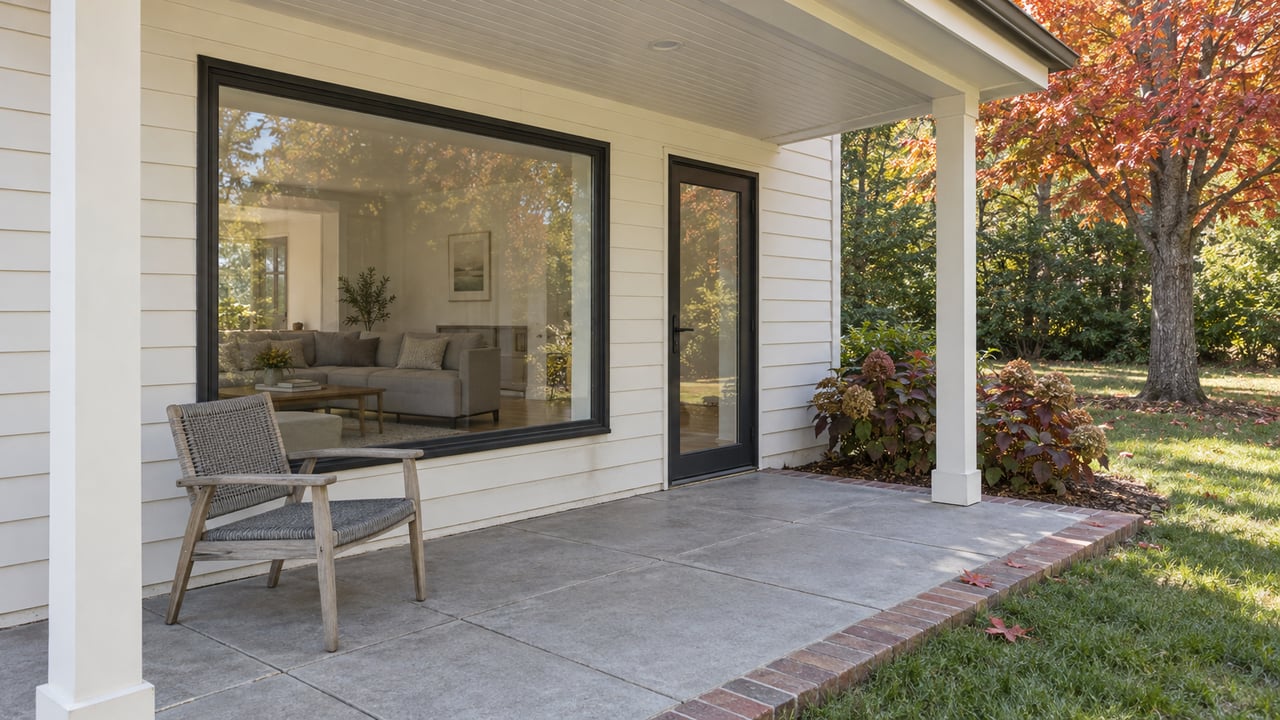 Covered terrace with white siding, closed glass doors, a weathered outdoor chair and autumn maple foliage.