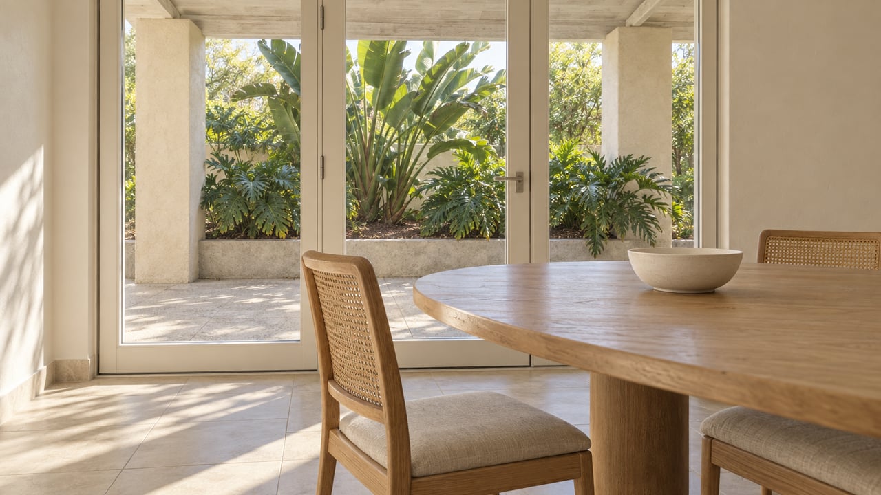 Sunlit dining alcove with a pale oak table, two cane-backed chairs and closed glass doors overlooking a covered stucco terrace.