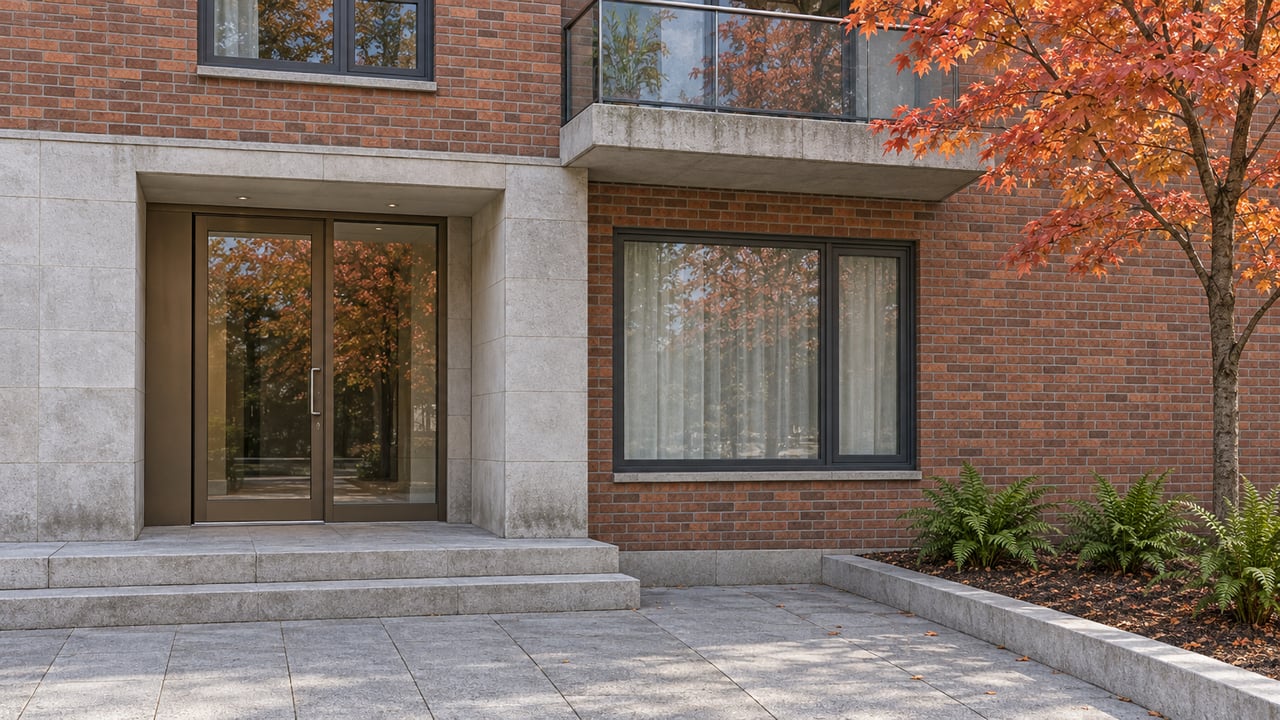 Red-brown brick residential facade with a limestone-framed glass entrance, broad stone steps and an orange-red maple beside the forecourt.