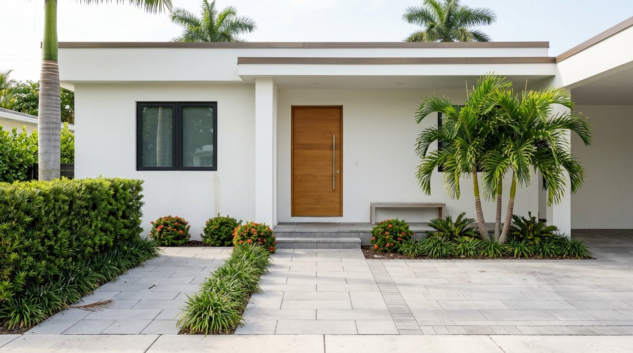 Modern stucco home entry with a teak door, gray paver walkway, and palms beside the portico.