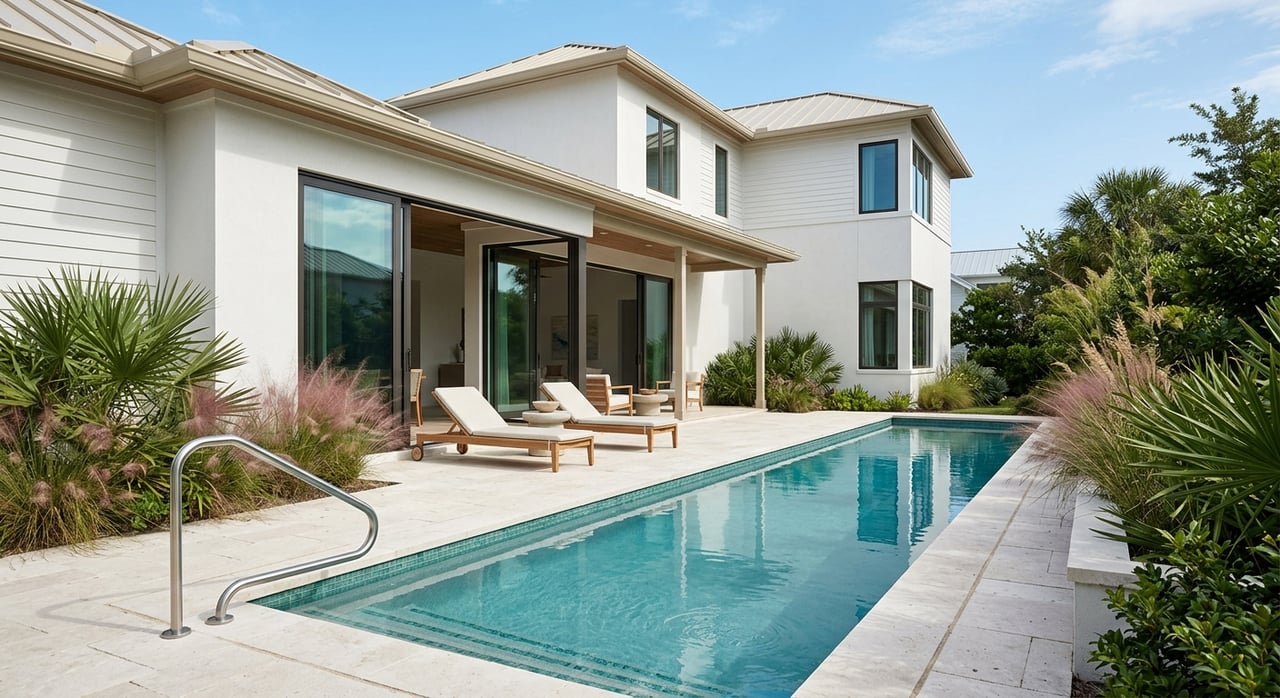 Teal-tiled courtyard lap pool beside white stucco walls, shaded porch, teak chaises, and coastal planting.