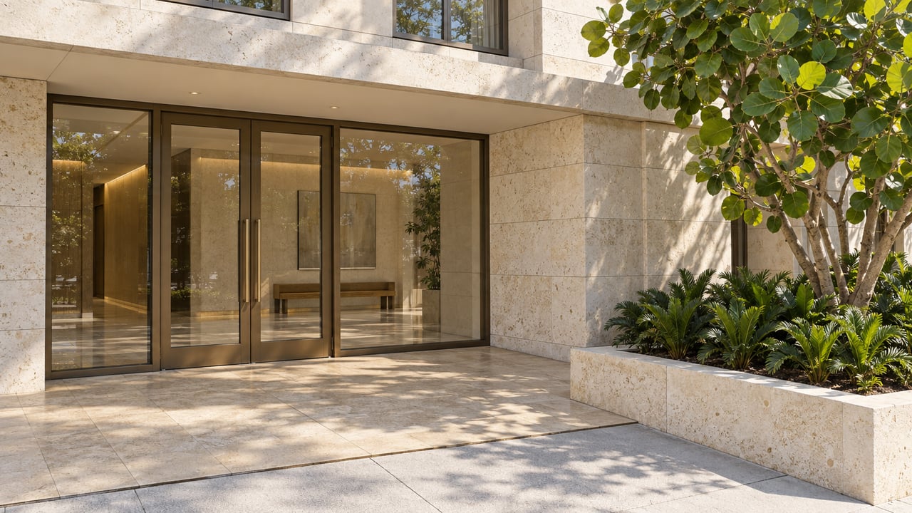 Glass condominium doors beneath an ivory stone canopy, beside a limestone planter with sea grape and coontie.
