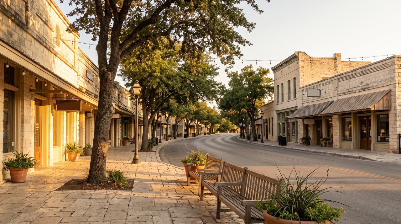Boerne’s quiet Main Street lined with limestone storefronts and shaded benches in golden-hour light.