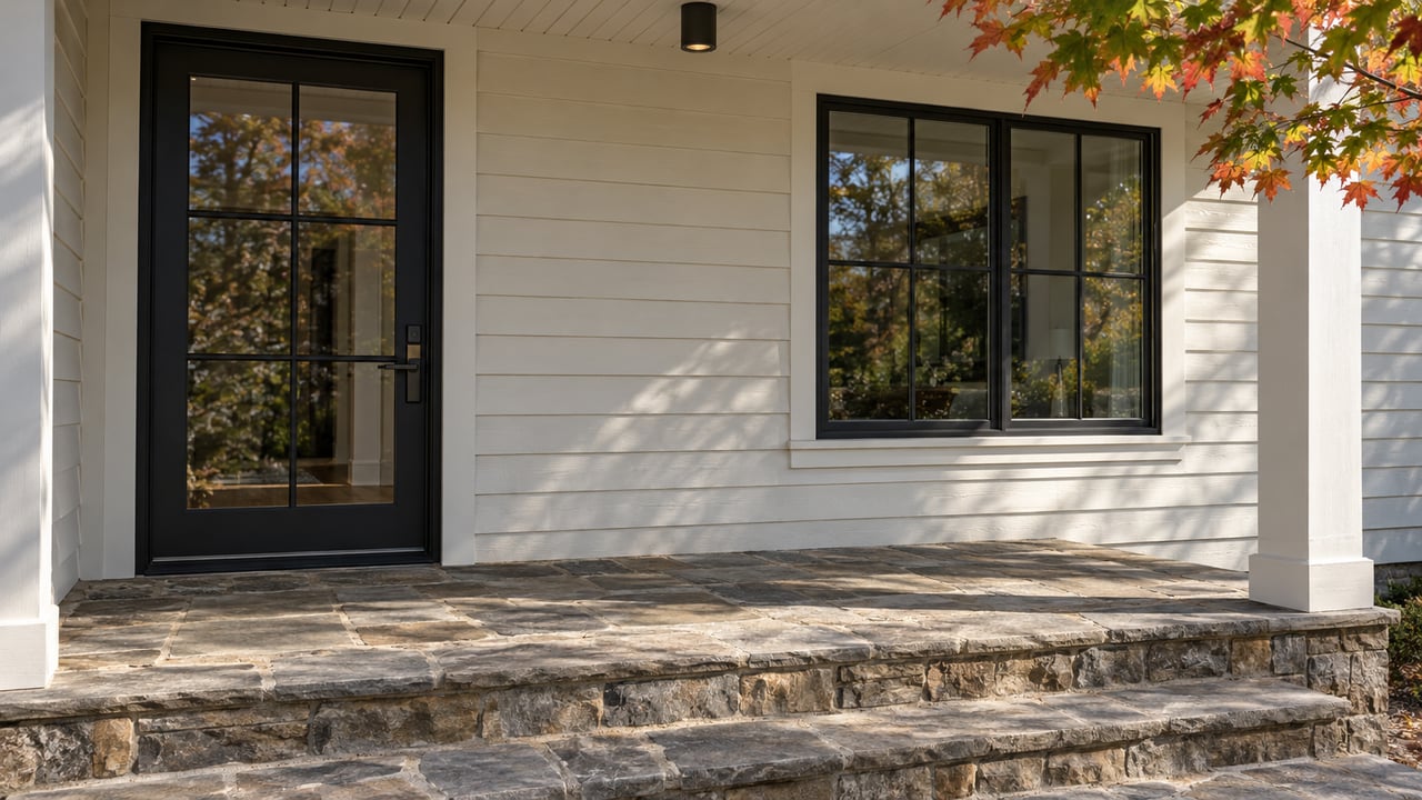 Sunlit covered entry with ivory lap siding, a black-framed glass door and window, weathered flagstone steps, and red maple leaves.