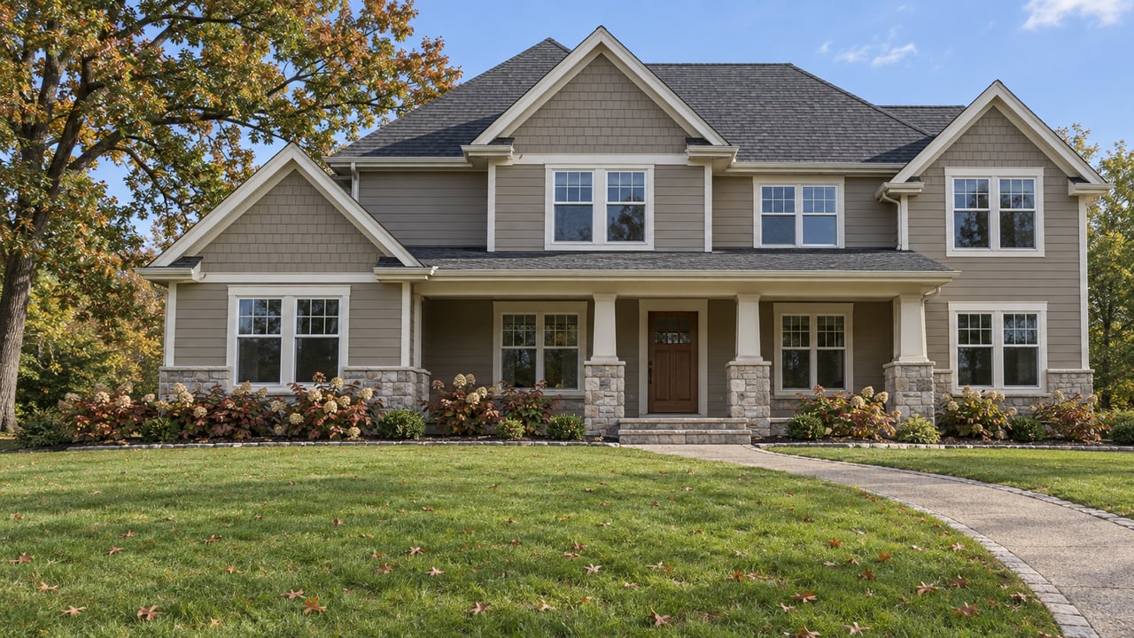 A large taupe home with layered gables and a limestone porch beyond a deep autumn lawn and a mature oak.