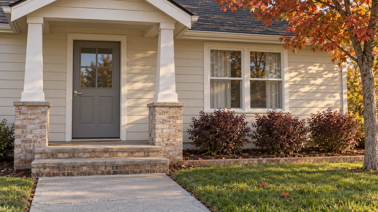 Ivory-sided cottage entry with a brick stoop, paired window, and orange-red maple foliage in afternoon light.