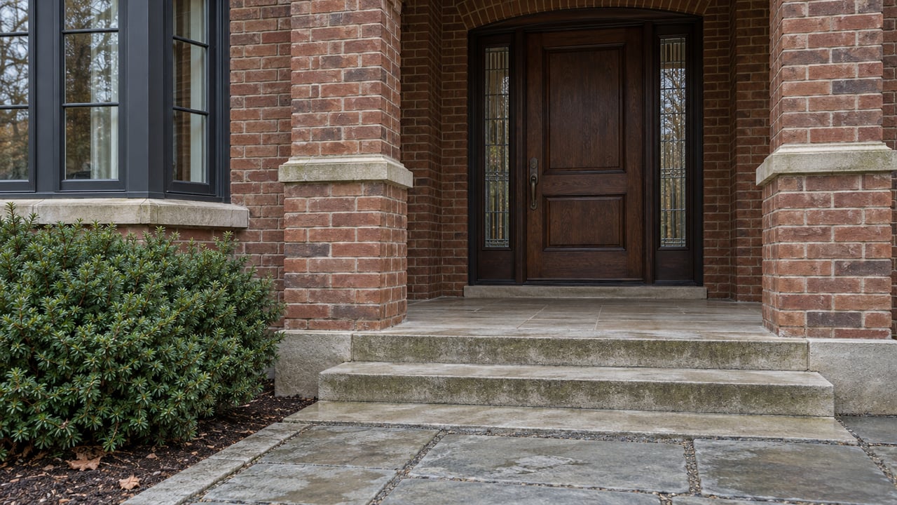 Russet brick porch with a closed oak door, paired leaded sidelights, worn limestone steps and a low evergreen planting.