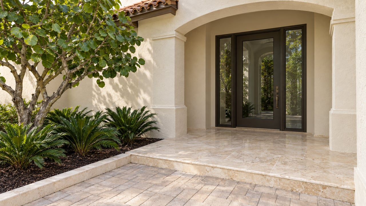 Ivory stucco entry with a clay-tile eave, closed bronze-framed glass door, travertine steps and sculptural tropical planting.