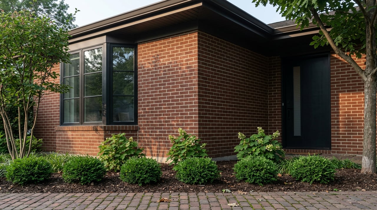 Brick house corner with black steel mullioned windows, a recessed entry, brick walkway, and low foundation plantings.