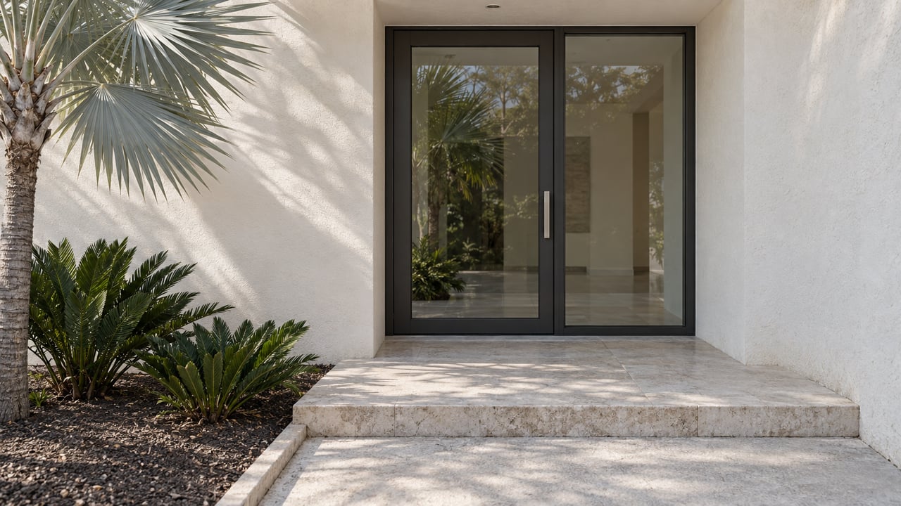Sunlit white stucco entry with dark-framed glass door, limestone step and silver-backed palm leaves.