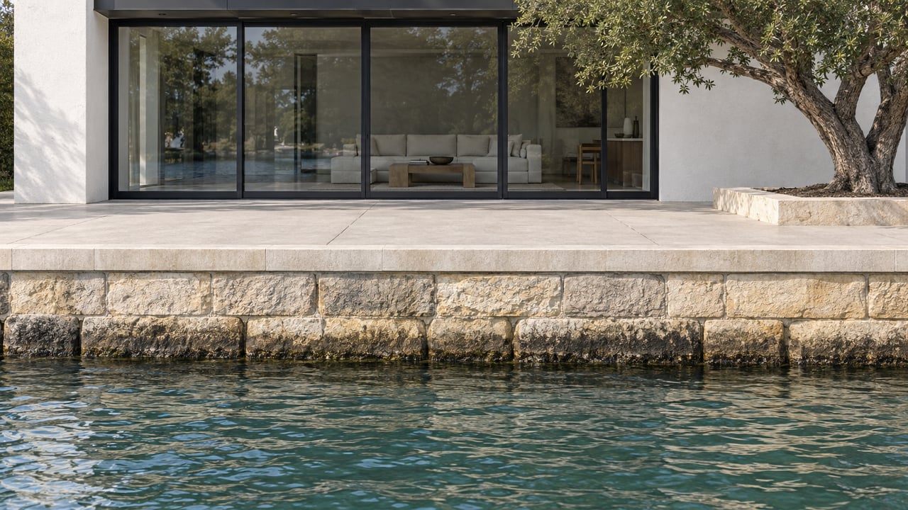 Blue-green water meets a weathered limestone retaining wall beneath a pale concrete terrace and a white-stucco home with black-framed glass doors.